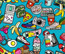 Load image into Gallery viewer, Memphis pattern of geometric shapes with old-fashioned retro stuff with a game, vhs cassette, skate, stick candy, sneakers and an old audio cassette. items on the theme of nastalgia 90s-80s, for fabrics and cards, bright color background.
