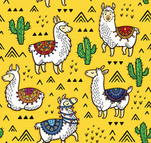 Load image into Gallery viewer, Seamless pattern of llamas, cactuses and geometric mountains.
